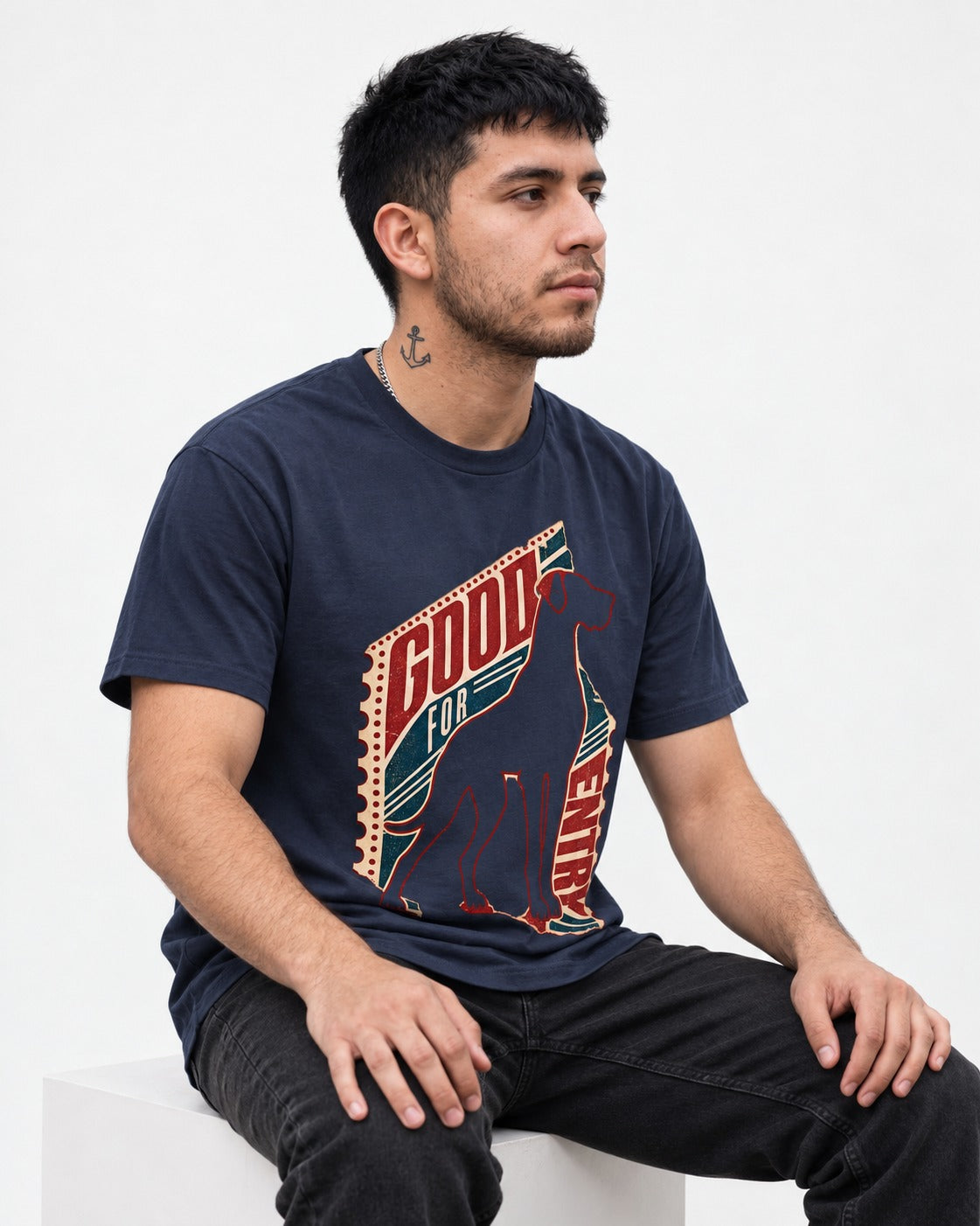 Great Dane Good for Nothing Ticket Cutout Graphic T-Shirt in Navy, worn by a seated model