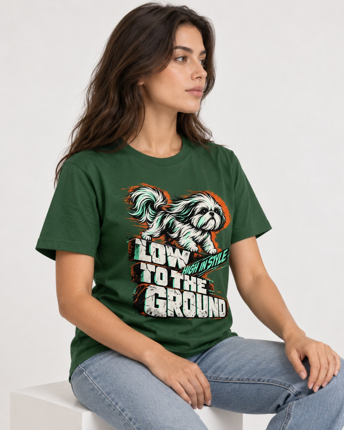 Shih Tzu Low to the Ground High in Style Streetwear Graphic T-Shirt in Forest Green, worn by a seated model