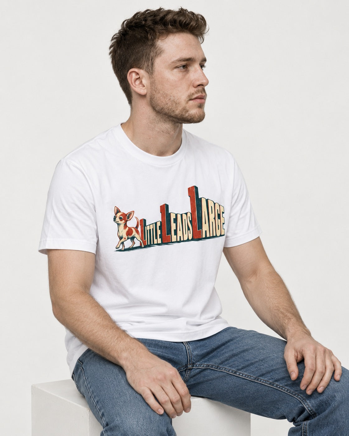 Chihuahua Little Leads Large Perspective Typography T-Shirt in White, worn by a seated model