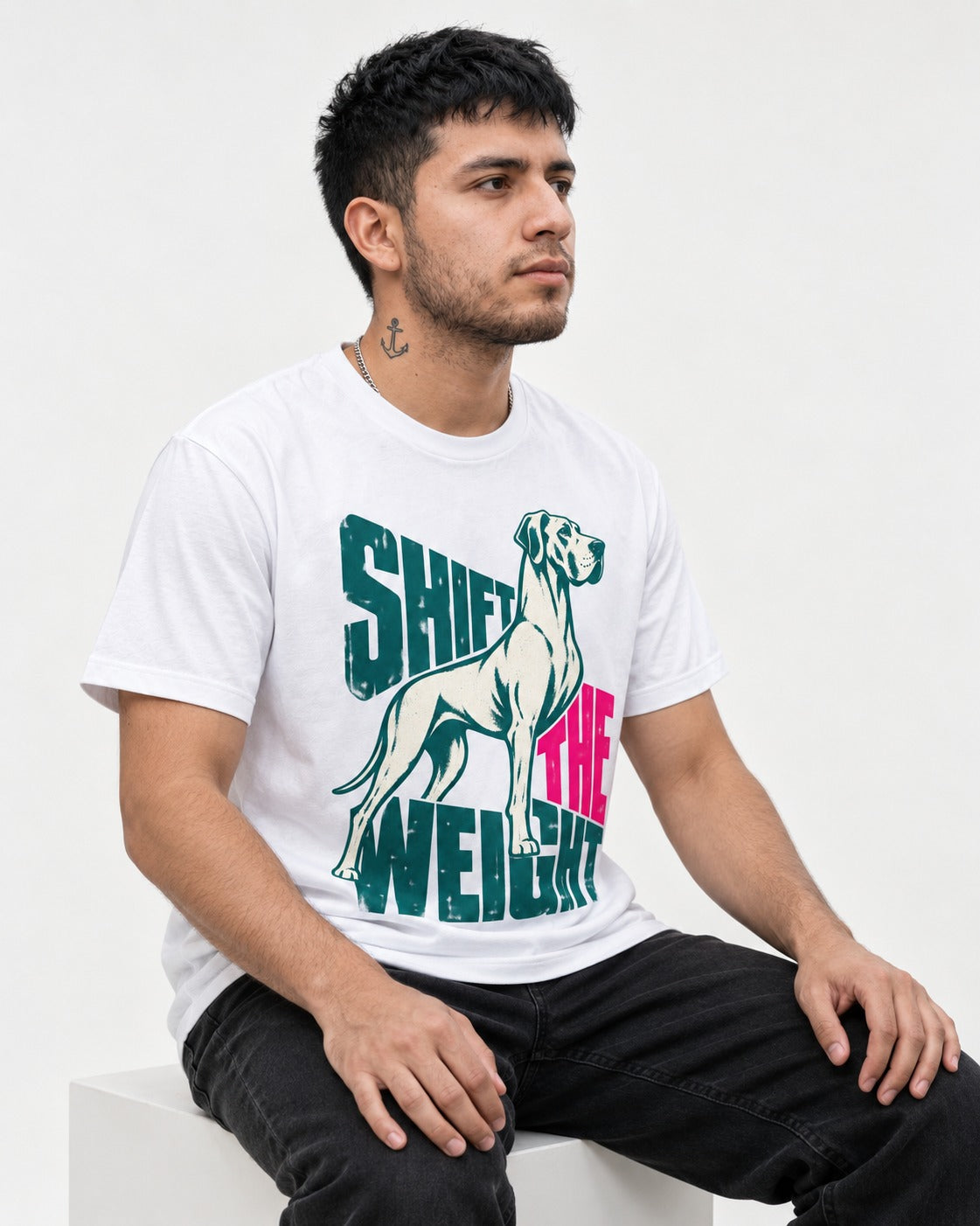 Great Dane Shift the Weight Standing Graphic T-Shirt in White, worn by a seated model