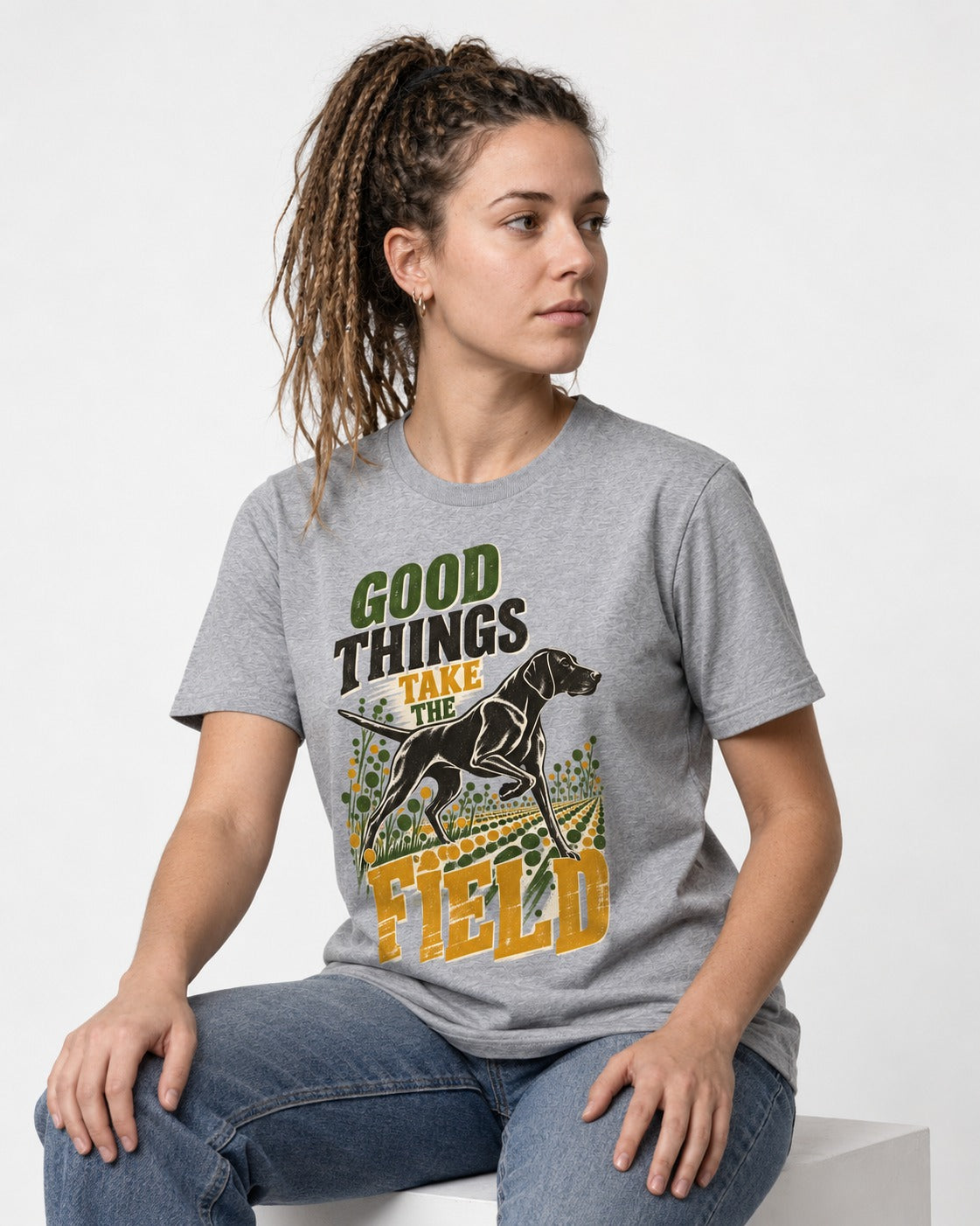 German Shorthaired Pointer Takes the Field T-Shirt in Sport Grey, worn by a seated model
