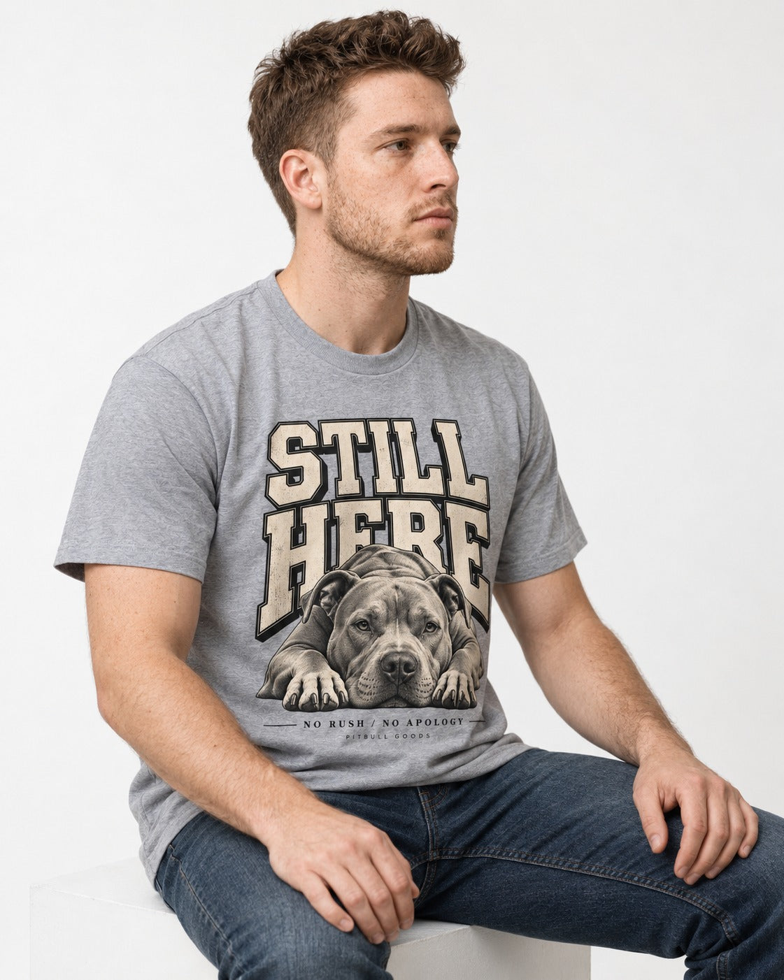 Still Here Pitbull T-Shirt in Sport Grey, worn by a seated model
