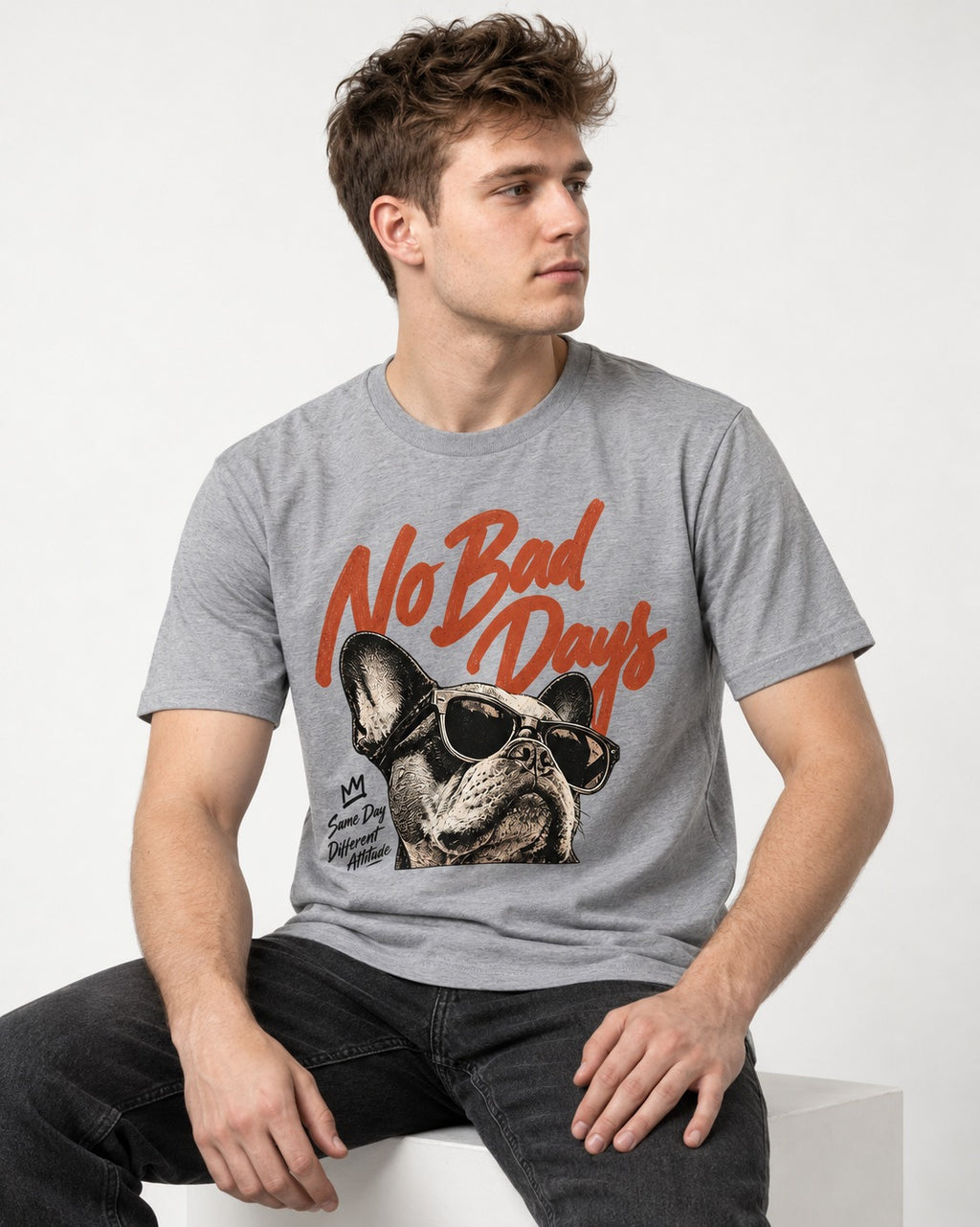 Frenchie No Bad Days T-Shirt in Sport Grey, worn by a seated model