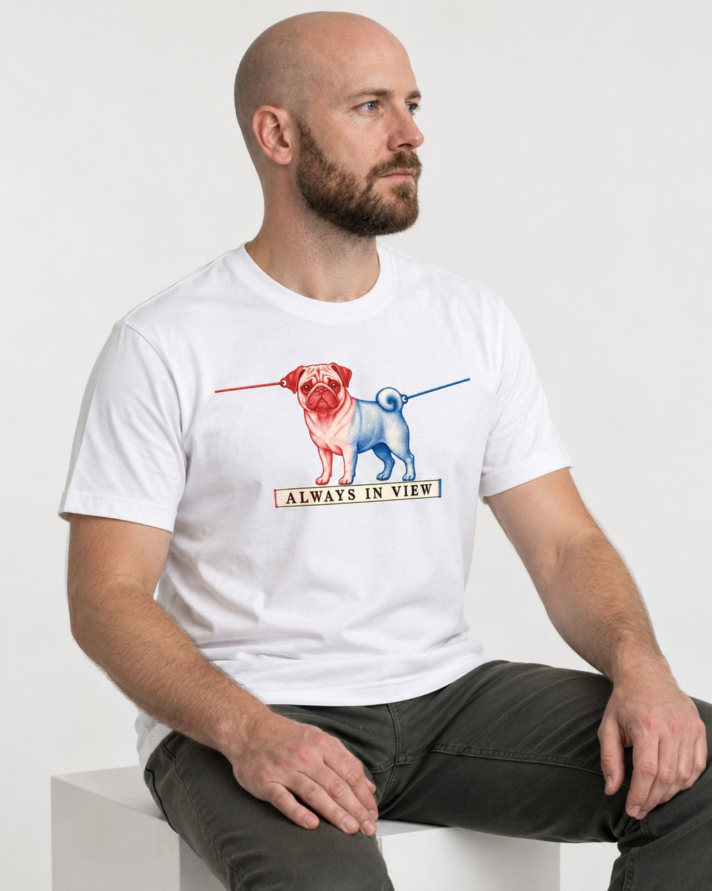 Pug Always in View Split Leash Graphic T-Shirt in White, worn by a seated model