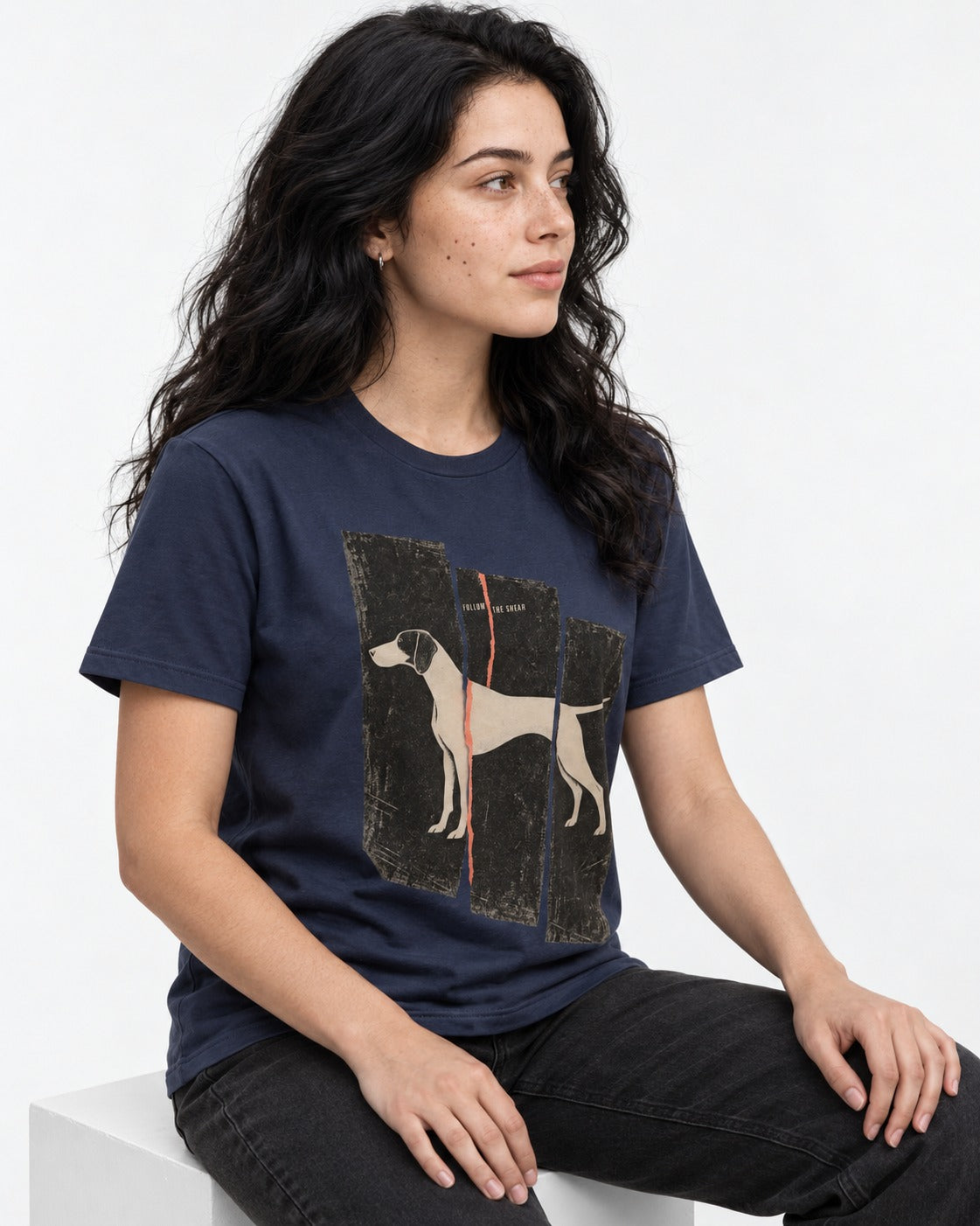 German Shorthaired Pointer Follow The Shear Split Panel Graphic T-Shirt in Navy, worn by a seated model