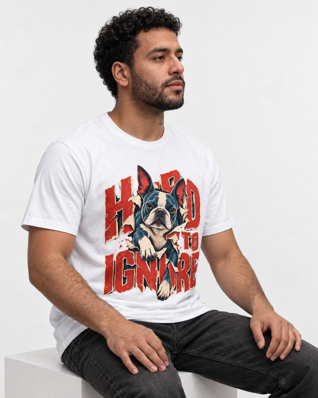 Hard to Ignore Boston Terrier Graphic T-Shirt in White, worn by a seated model