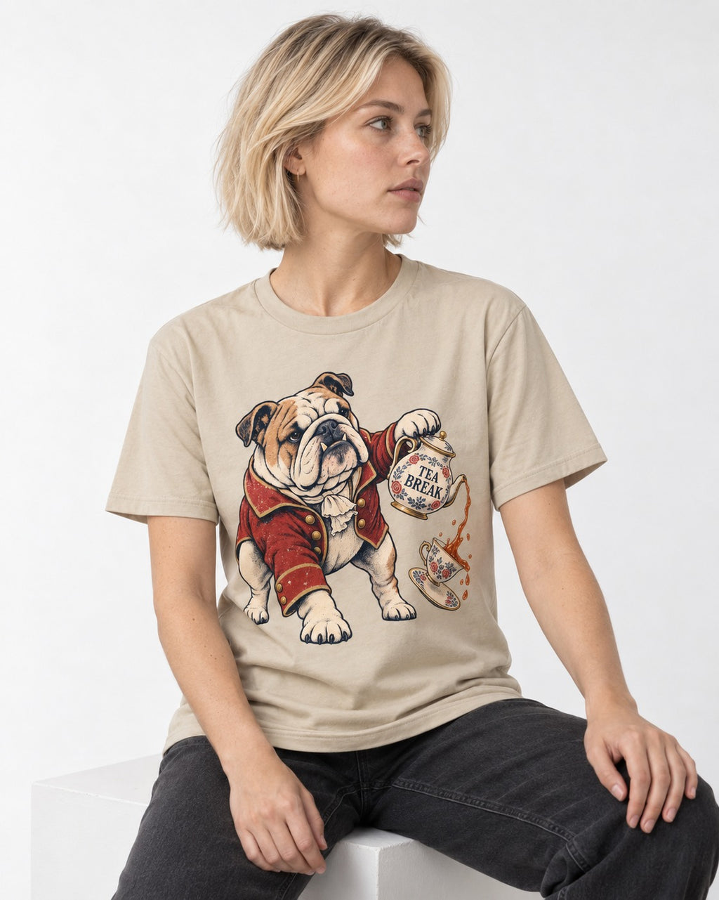 English Bulldog Tea Break T-Shirt in Sand, worn by a seated model