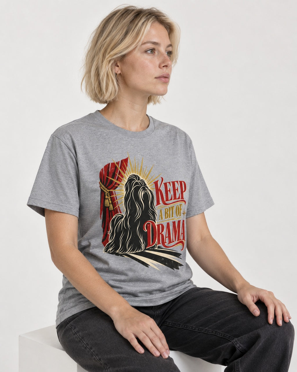 Shih Tzu Keep a Bit of Drama Theater Graphic T-Shirt in Sport Grey, worn by a seated model