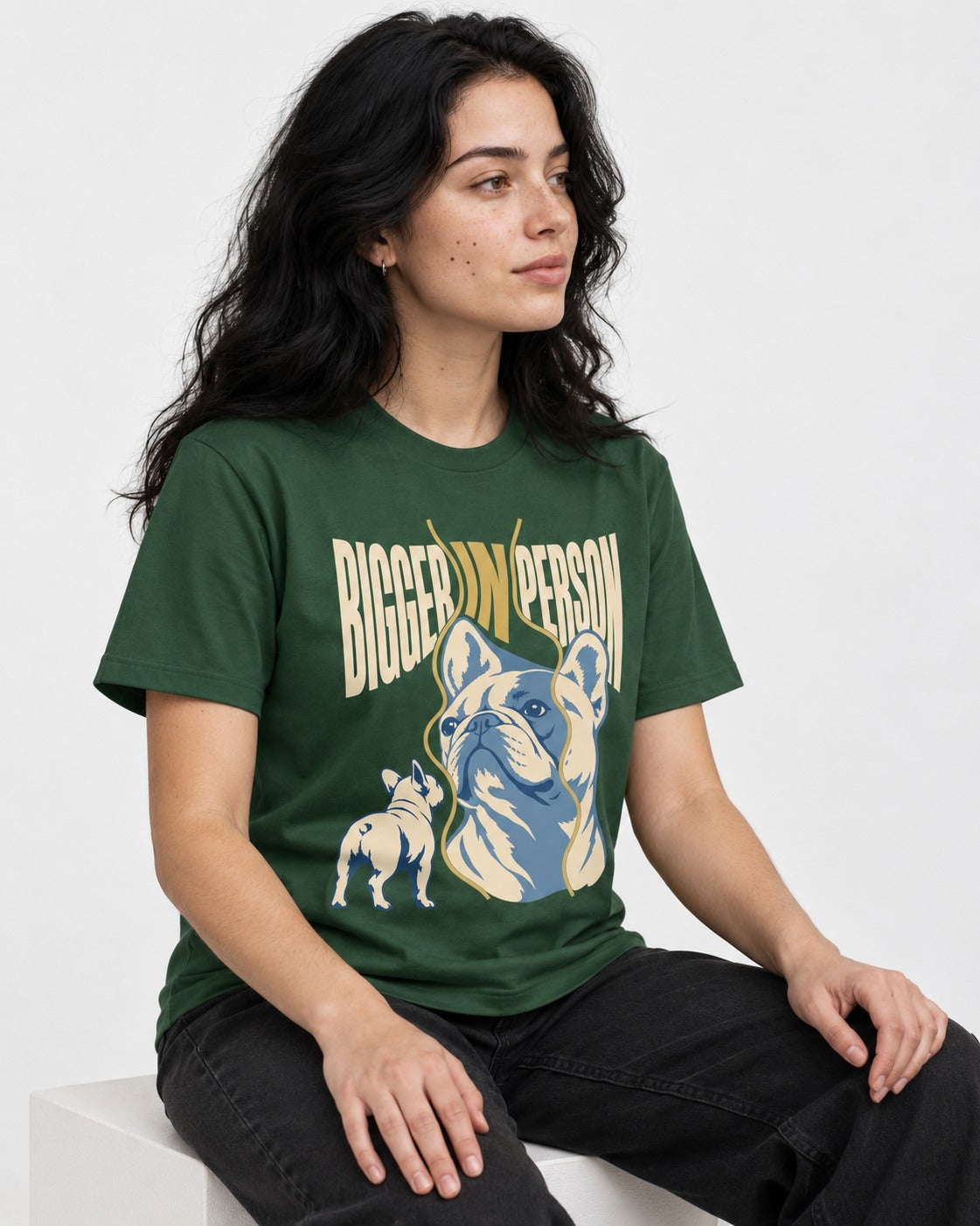 Frenchie Bigger in Person Mirror Graphic T-Shirt in Forest Green, worn by a seated model