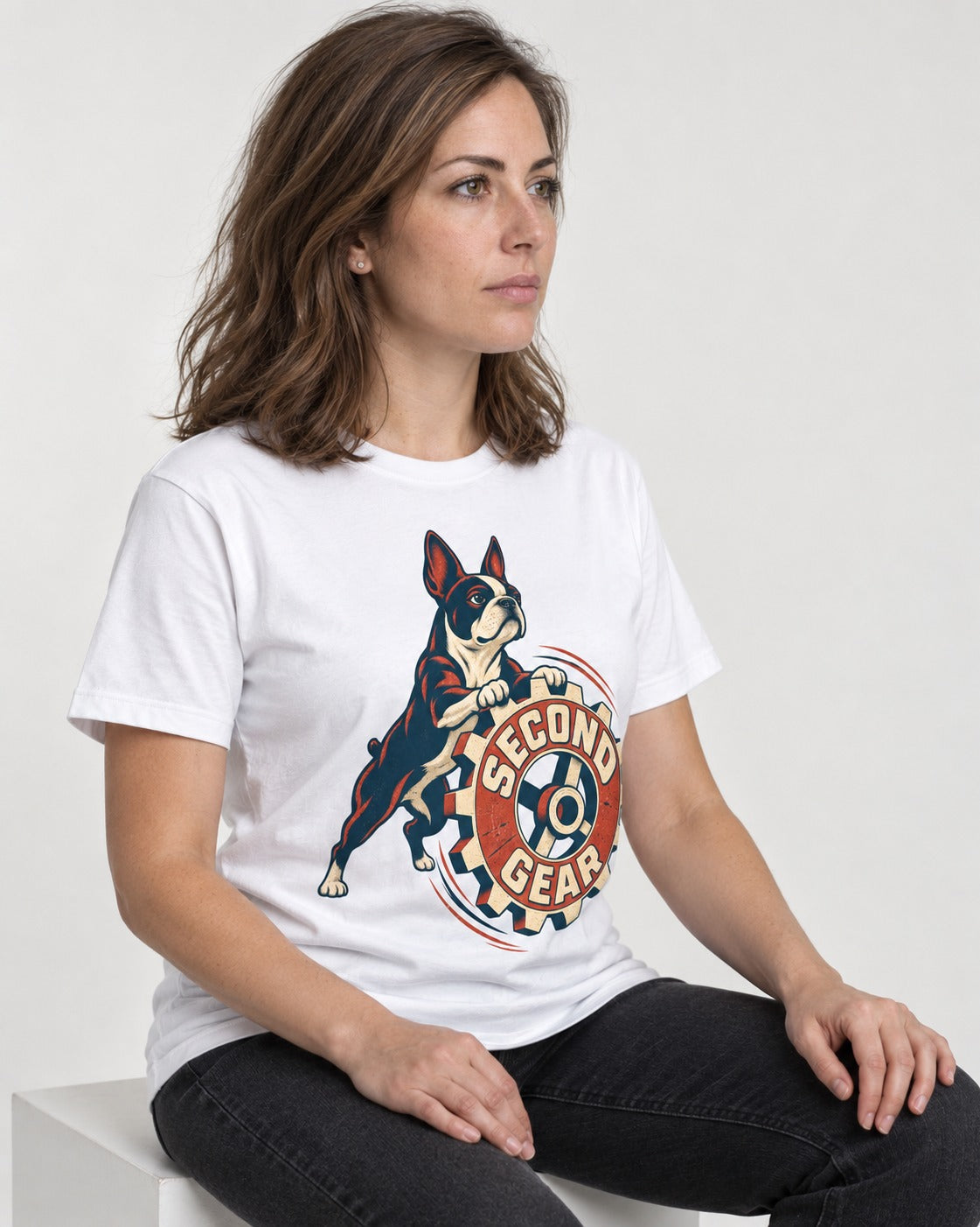 Second Gear Boston Terrier Graphic T-Shirt in White, worn by a seated model