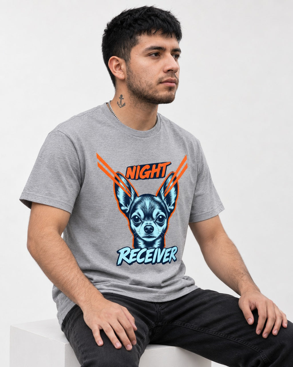 Chihuahua Night Receiver Signal Portrait Graphic T-Shirt in Sport Grey, worn by a seated model