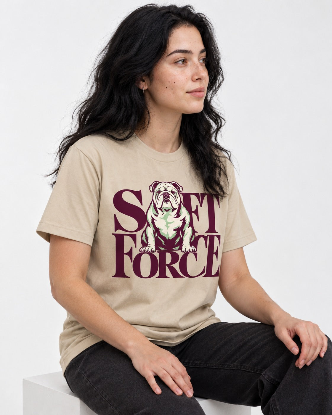 Set Force English Bulldog T-Shirt in Sand, worn by a seated model
