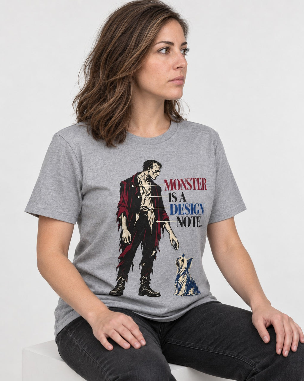 Yorkshire Terrier Monster T-Shirt in Sport Grey, worn by a seated model