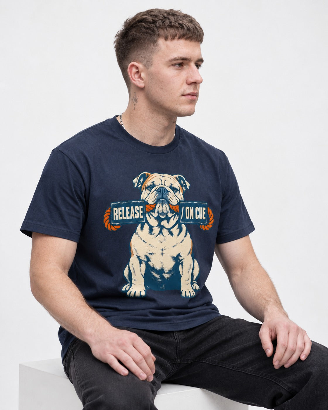 English Bulldog Release on Cue Rope Sign Graphic T-Shirt in Navy, worn by a seated model