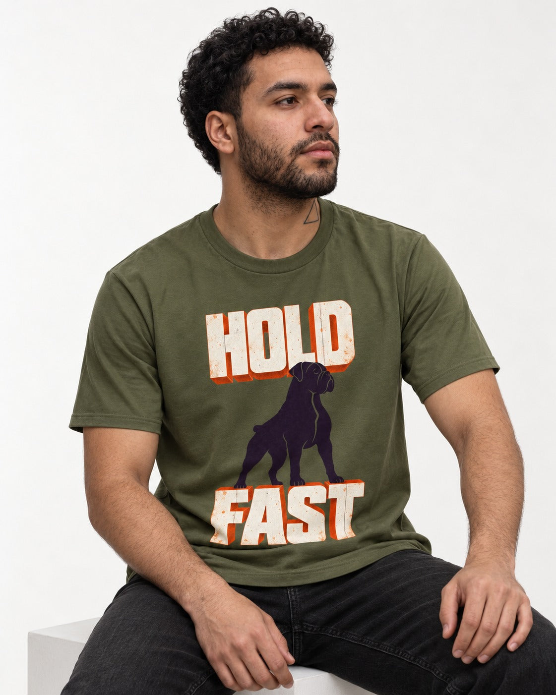 Hold Fast Boxer Typography Graphic T-Shirt in Heather Military Green, worn by a seated model
