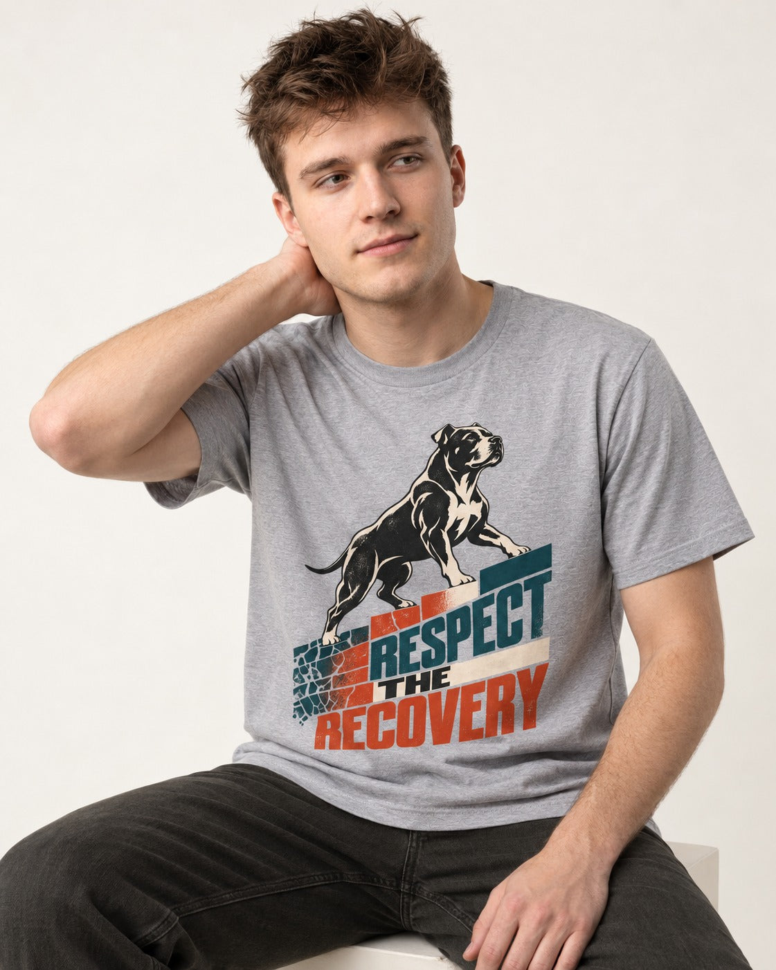 Pitbull Respect the Recovery T-Shirt in Sport Grey, worn by a seated model
