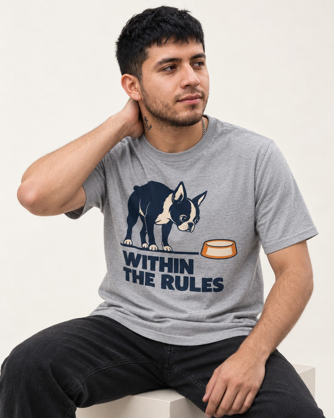 Within the Rules Boston Terrier T-Shirt in Sport Grey, worn by a seated model