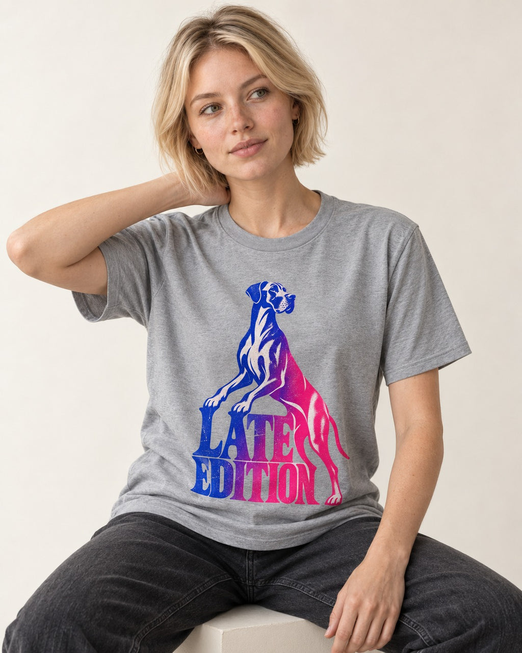 Great Dane Latest Edition Gradient Graphic T-Shirt in Sport Grey, worn by a seated model