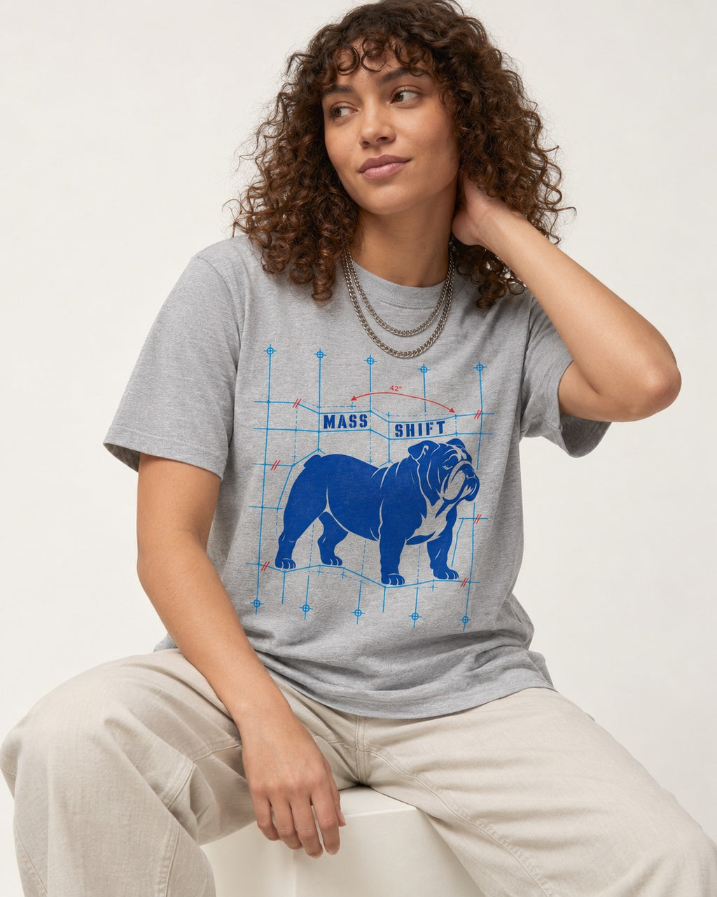 Mass Shift English Bulldog T-Shirt in Sport Grey, worn by a seated model