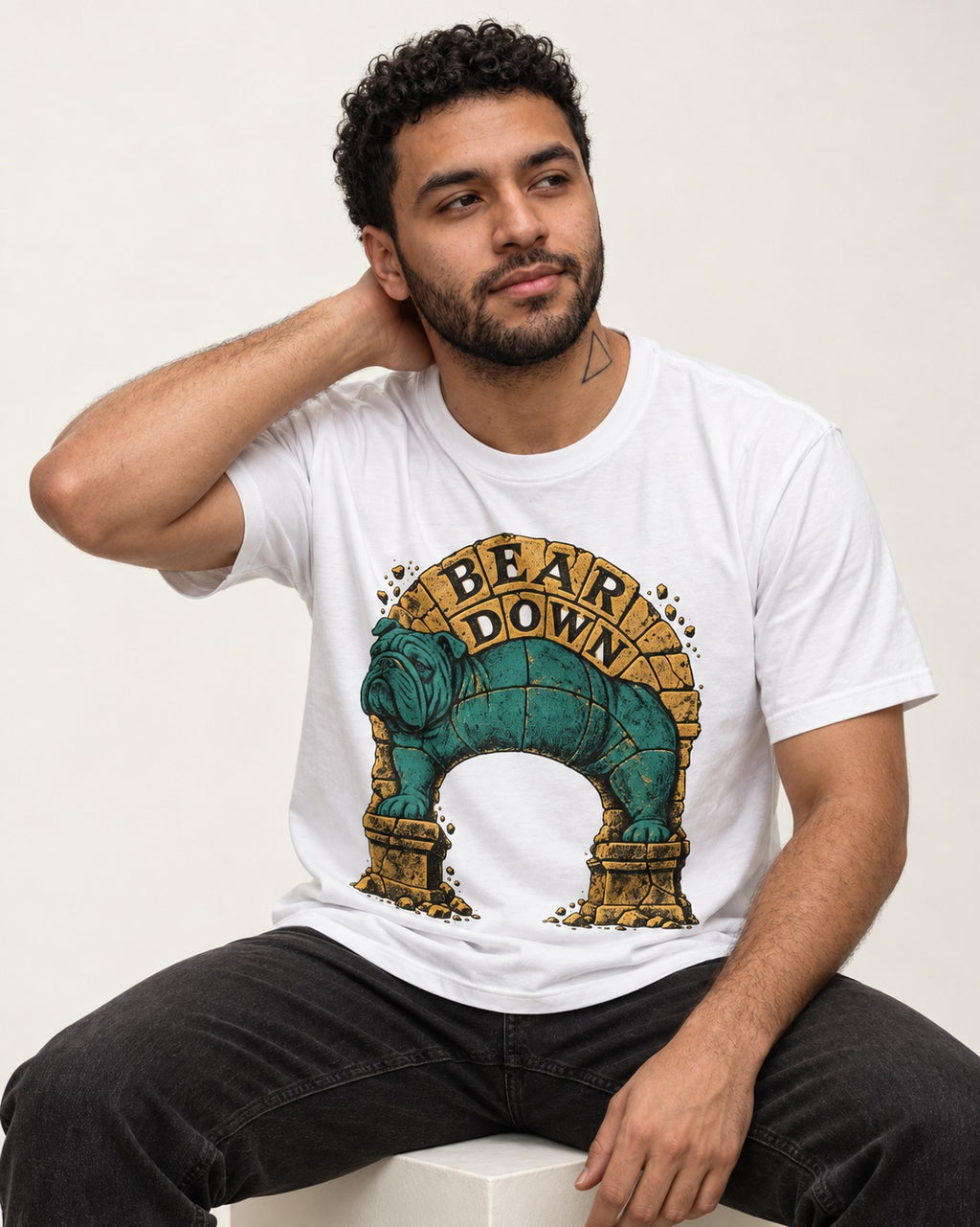 English Bulldog Bear Down Stone Arch Graphic T-Shirt in White, worn by a seated model