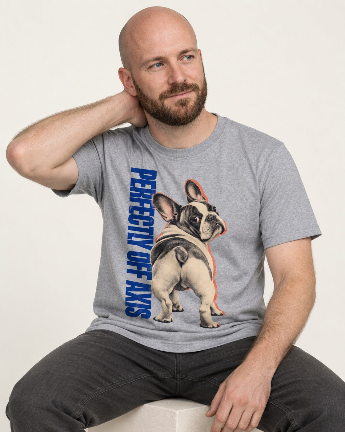 Perfectly Off Axis Frenchie T-Shirt in Sport Grey, worn by a seated model
