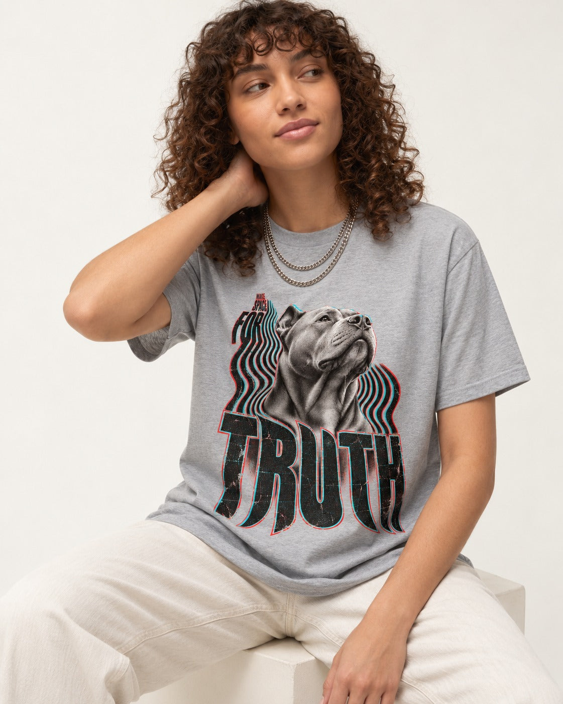 Pitbull Truth T-Shirt in Sport Grey, worn by a seated model