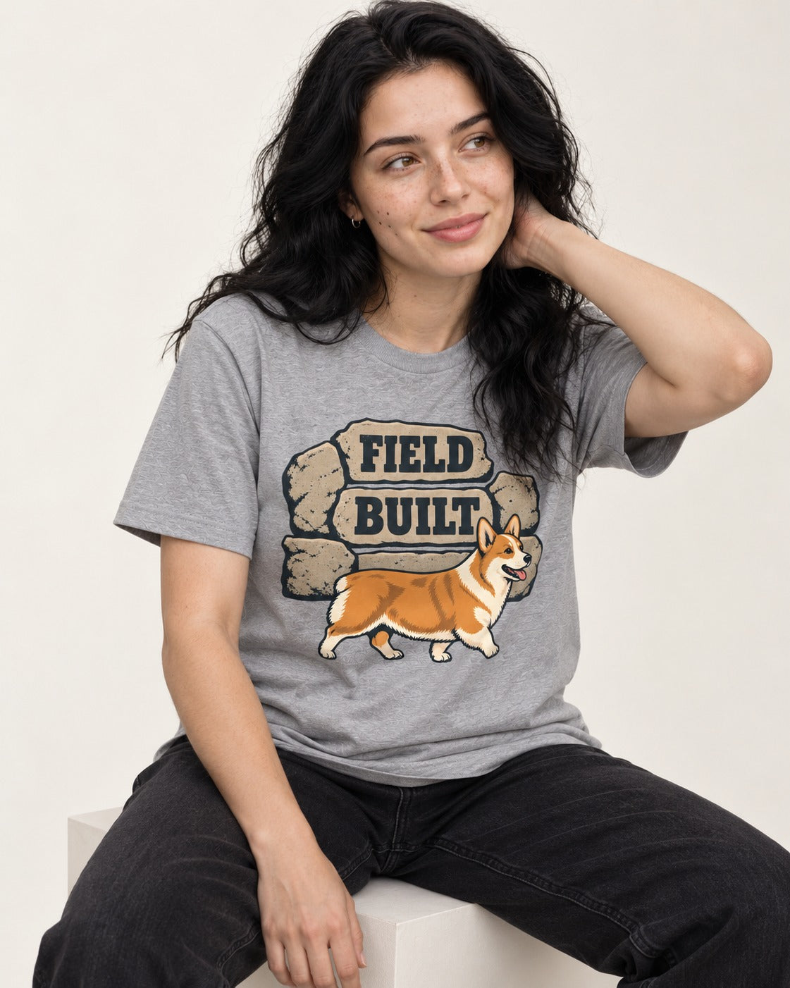 Field Built Corgi T-Shirt in Sport Grey, worn by a seated model