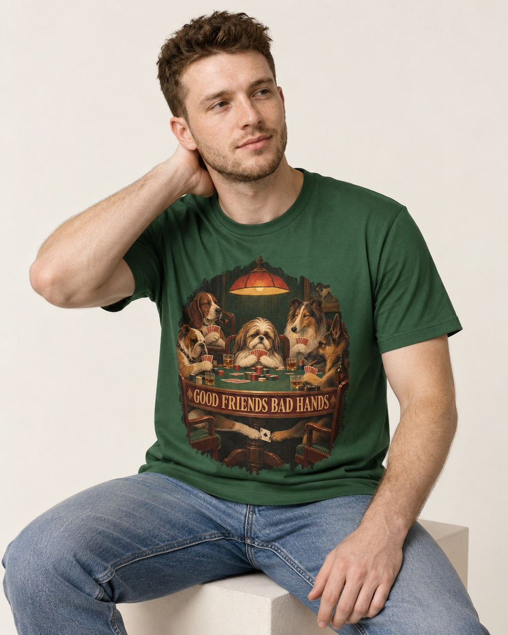 Shih Tzu Good Friends Bad Hands Poker Night Graphic T-Shirt in Forest Green, worn by a seated model