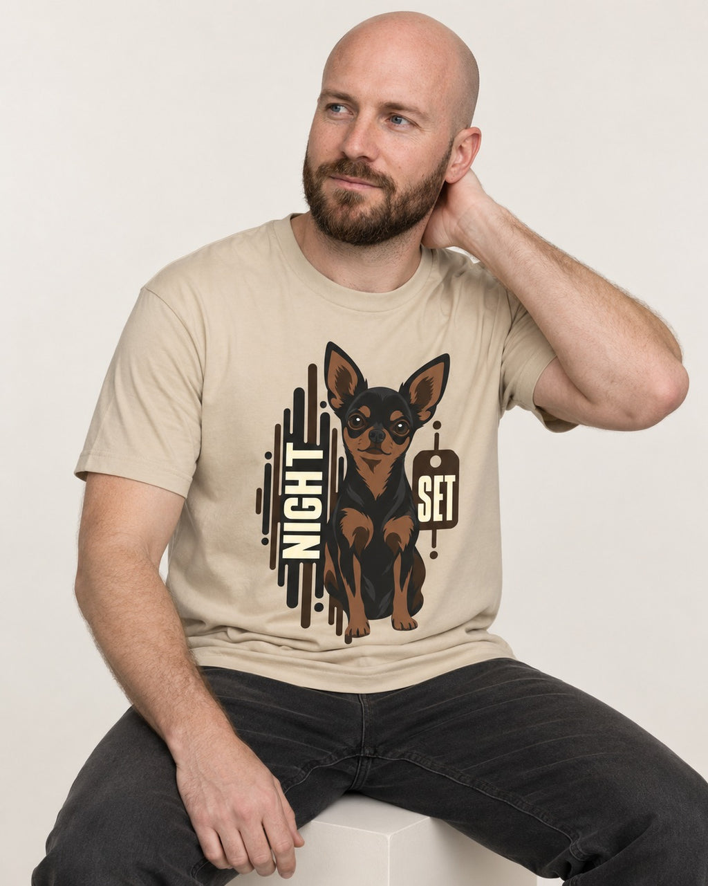 Chihuahua Night Set T-Shirt in Sand, worn by a seated model