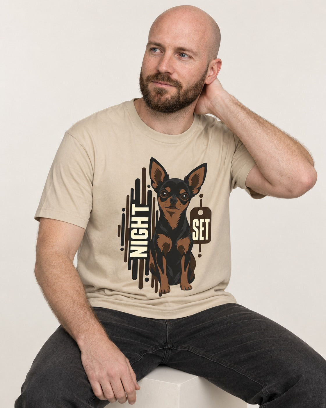 Chihuahua Night Set T-Shirt in Sand, worn by a seated model