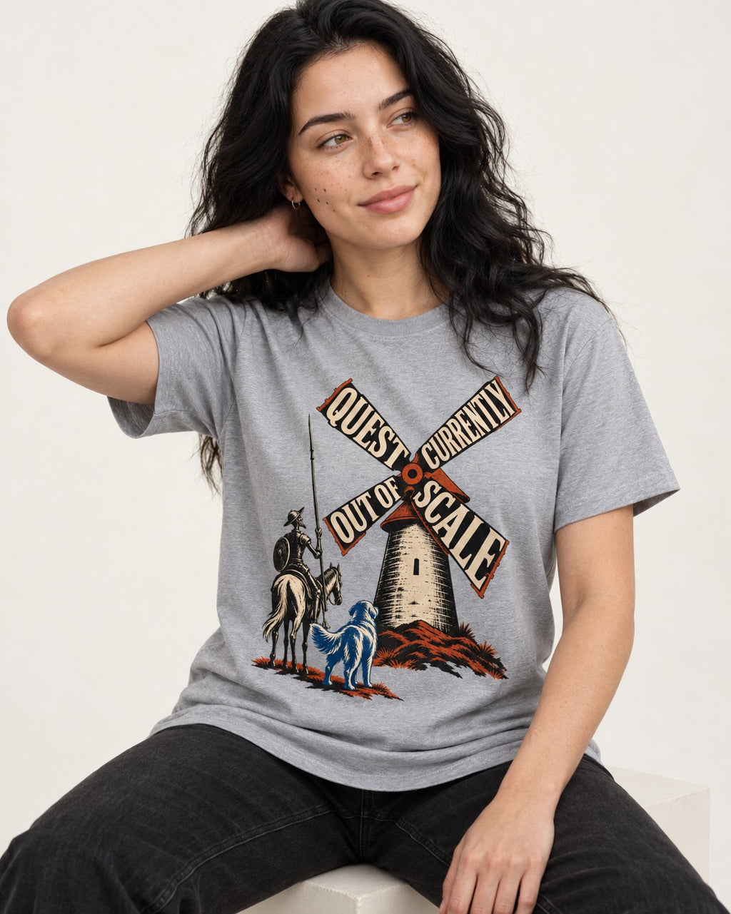 Golden Retriever Quest Out of Scale T-Shirt in Sport Grey, worn by a seated model