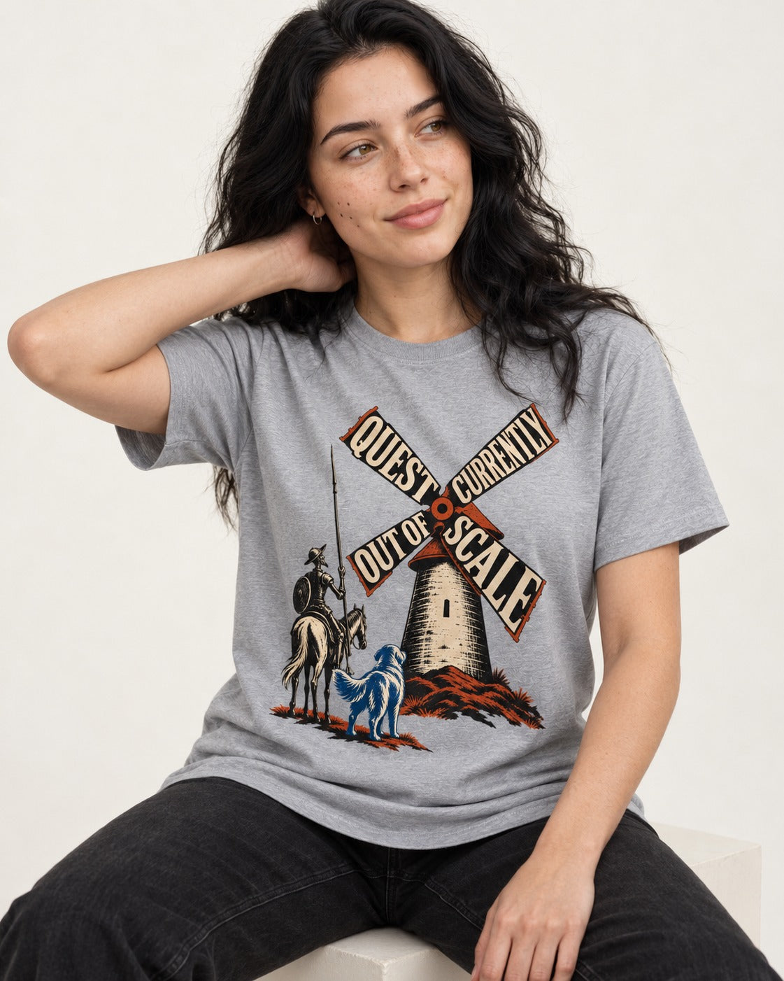 Golden Retriever Quest Out of Scale T-Shirt in Sport Grey, worn by a seated model