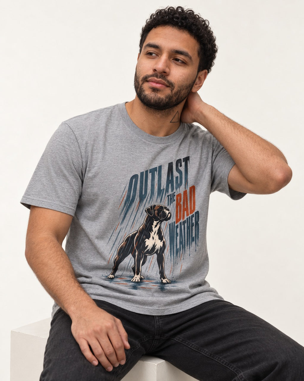 Boxer Outlast the Bad Weather T-Shirt in Sport Grey, worn by a seated model