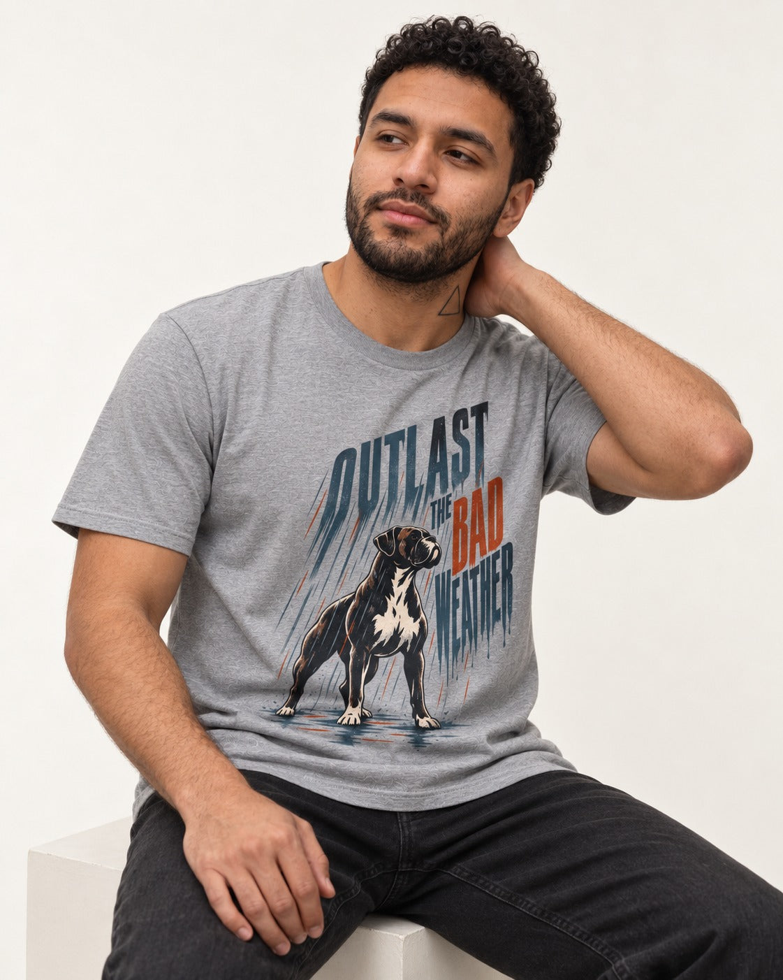 Boxer Outlast the Bad Weather T-Shirt in Sport Grey, worn by a seated model