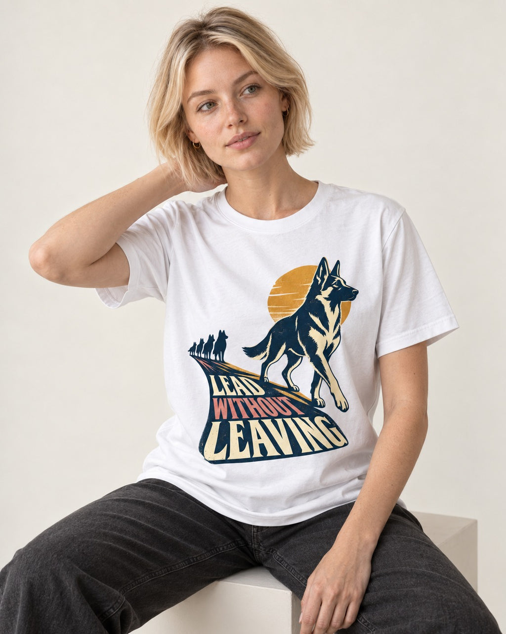 Lead Without Leaving Perspective German Shepherd Dog Graphic T-Shirt in White, worn by a seated model
