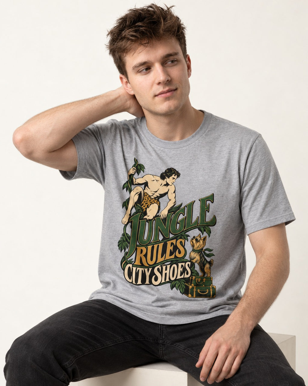 Jungle Rules City Shoes Yorkshire Terrier T-Shirt in Sport Grey, worn by a seated model