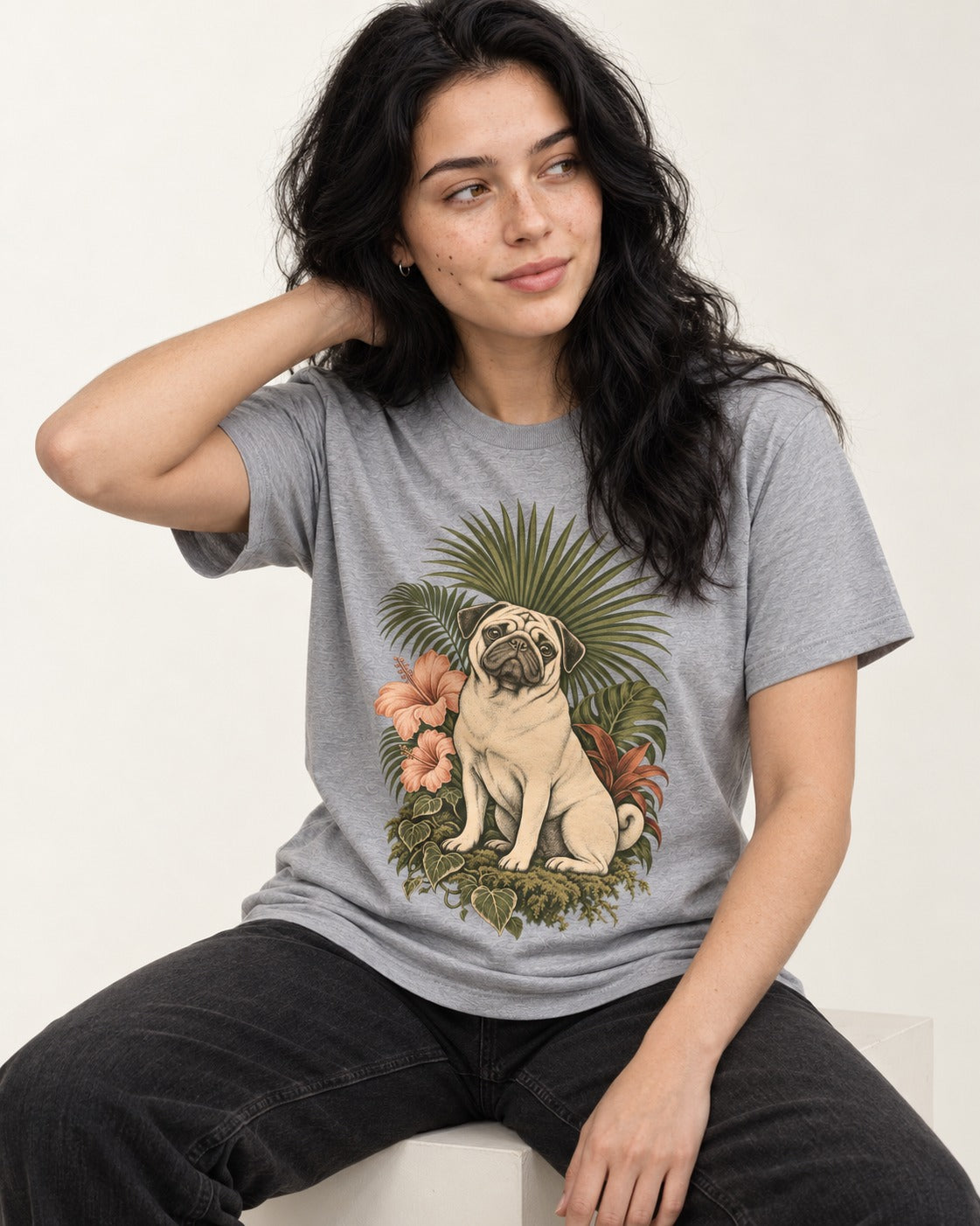 Pug Paradise T-Shirt in Sport Grey, worn by a seated model