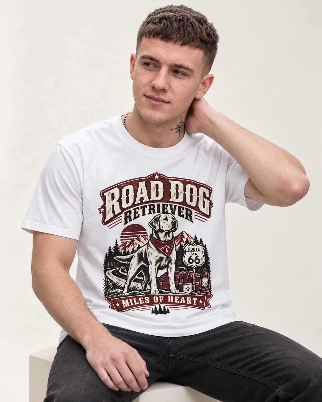 Labrador Retriever Road Dog Miles of Heart Route 66 Graphic T-Shirt in White, worn by a seated model