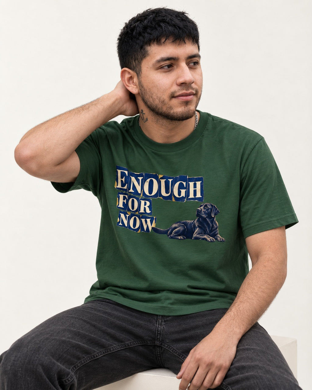 Labrador Retriever Enough for Now Reclining Graphic T-Shirt in Forest Green, worn by a seated model