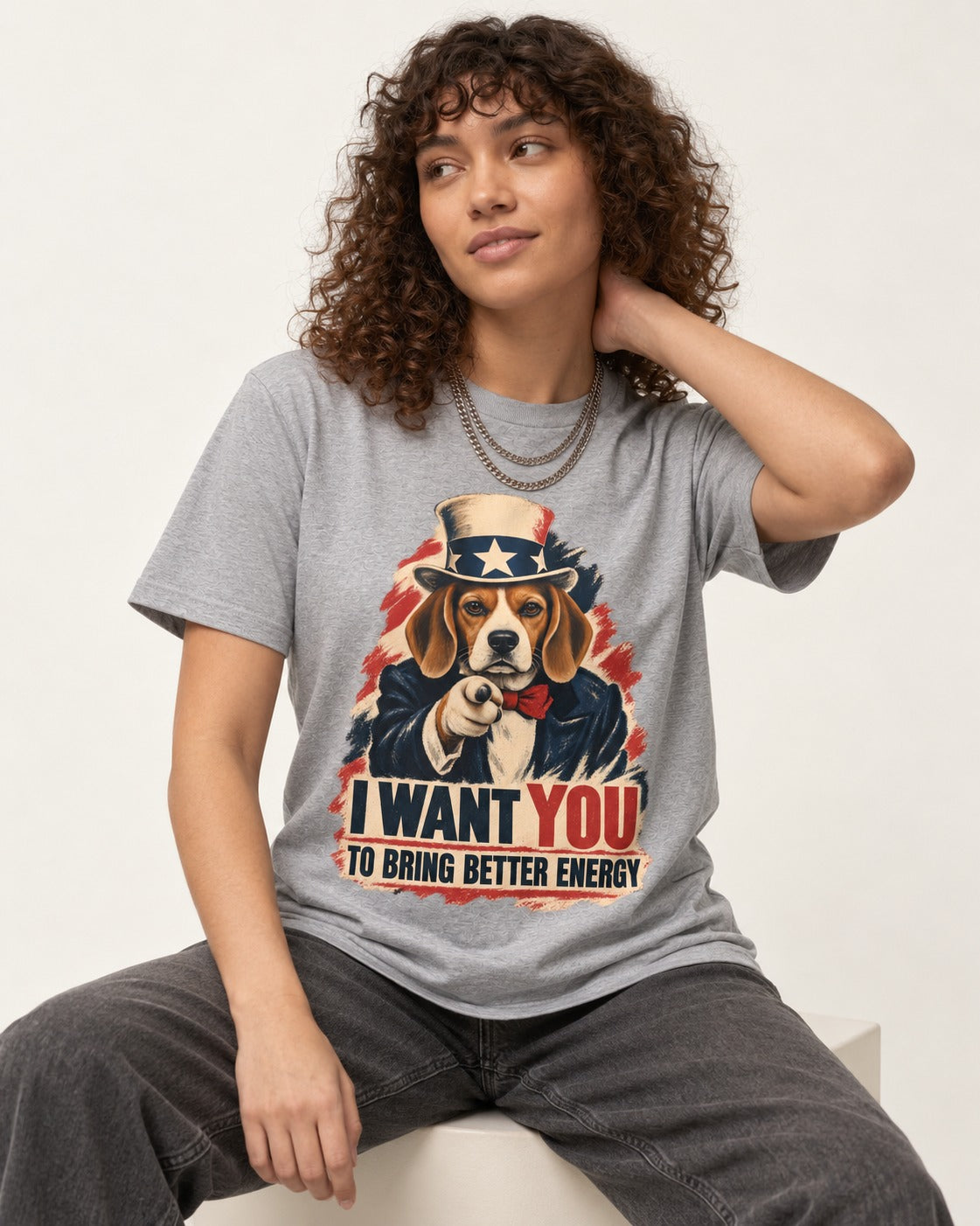 Bring Better Energy Beagle Uncle Sam T-Shirt in Sport Grey, worn by a seated model