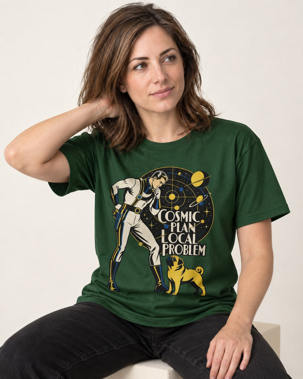 Pug Cosmic Plan Local Problem Astronaut Graphic T-Shirt in Forest Green, worn by a seated model