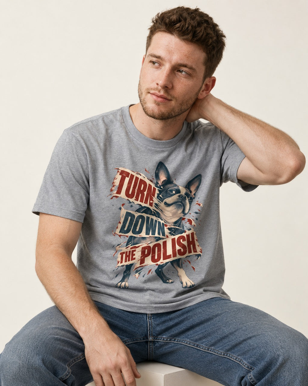 Turn Down the Polish Boston Terrier T-Shirt in Sport Grey, worn by a seated model