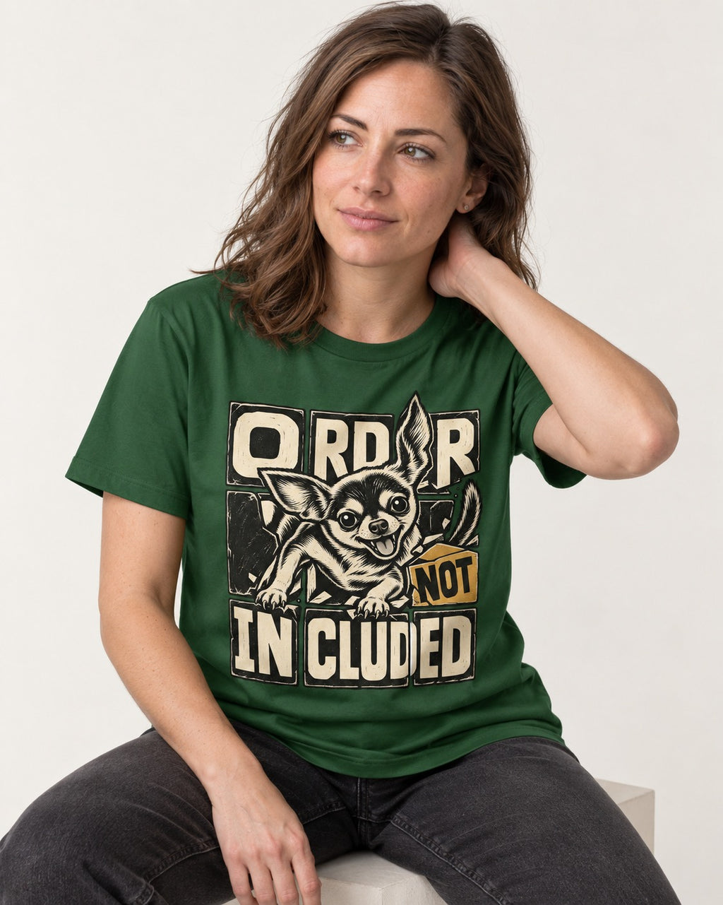 Chihuahua Order Not Included Broken Grid Graphic T-Shirt in Forest Green, worn by a seated model