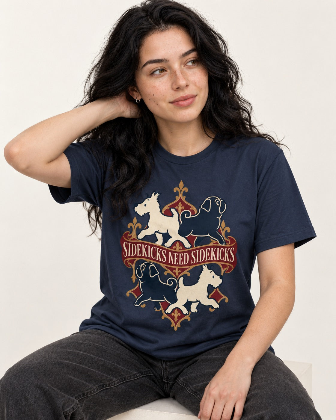 Pug Sidekicks Need Sidekicks Heraldic Graphic T-Shirt in Navy, worn by a seated model