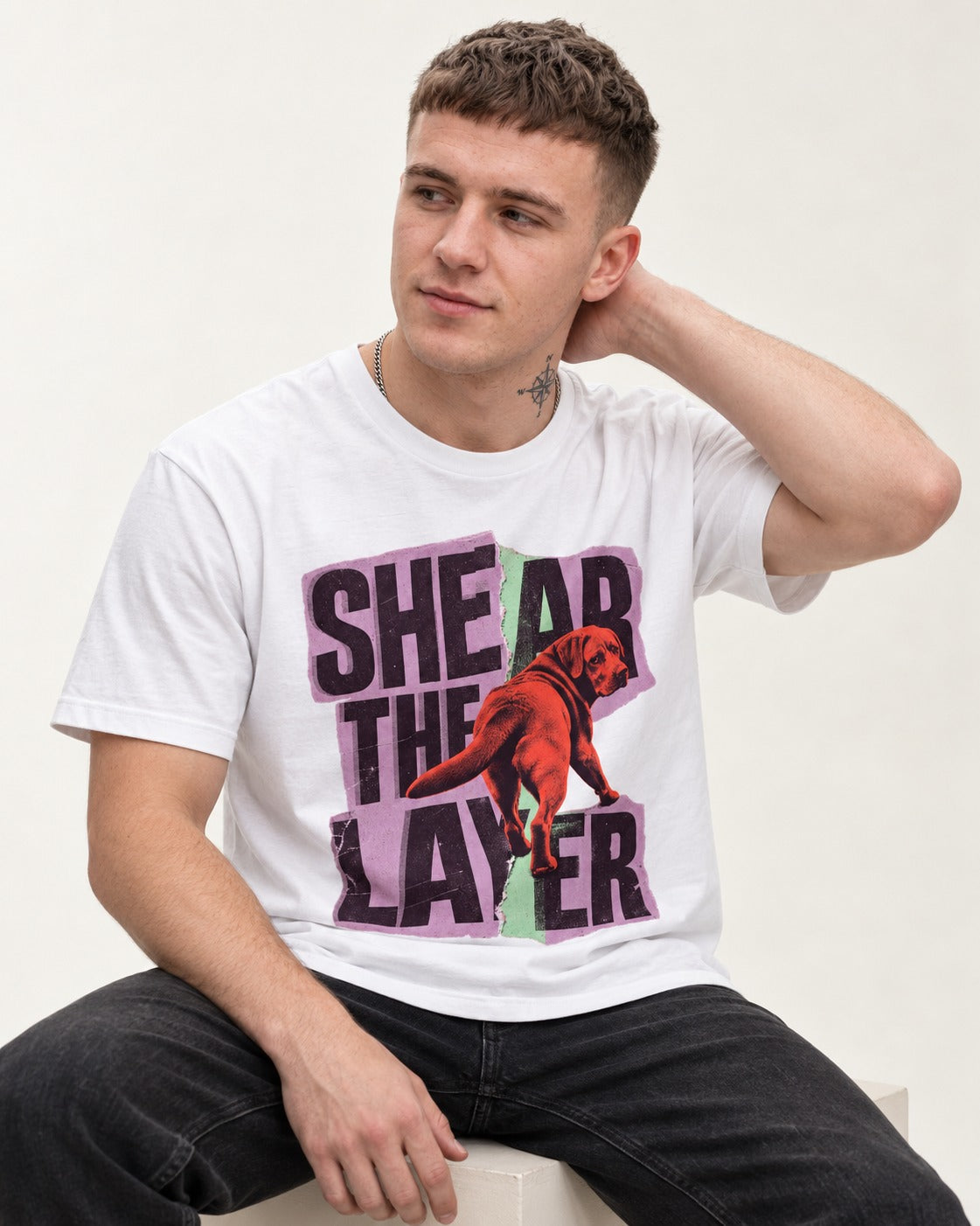 Labrador Retriever Shear the Layer Torn Paper Graphic T-Shirt in White, worn by a seated model