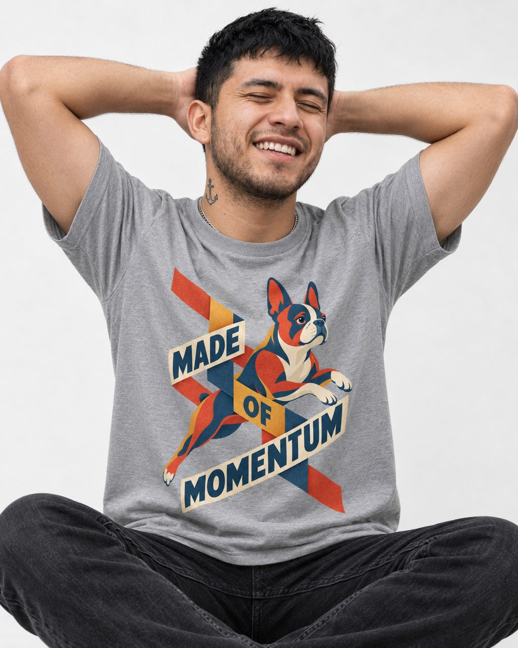 Made of Momentum Boston Terrier T-Shirt in Sport Grey, worn by a seated model