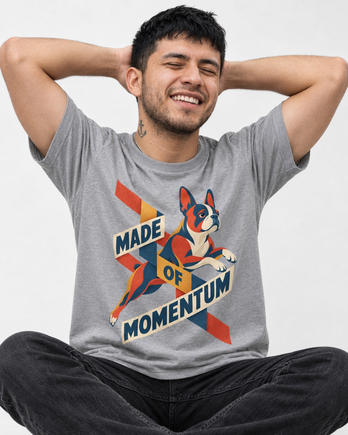 Made of Momentum Boston Terrier T-Shirt in Sport Grey, worn by a seated model