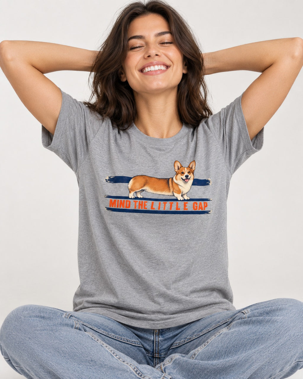 Mind the Little Corgi Gap T-Shirt in Sport Grey, worn by a seated model
