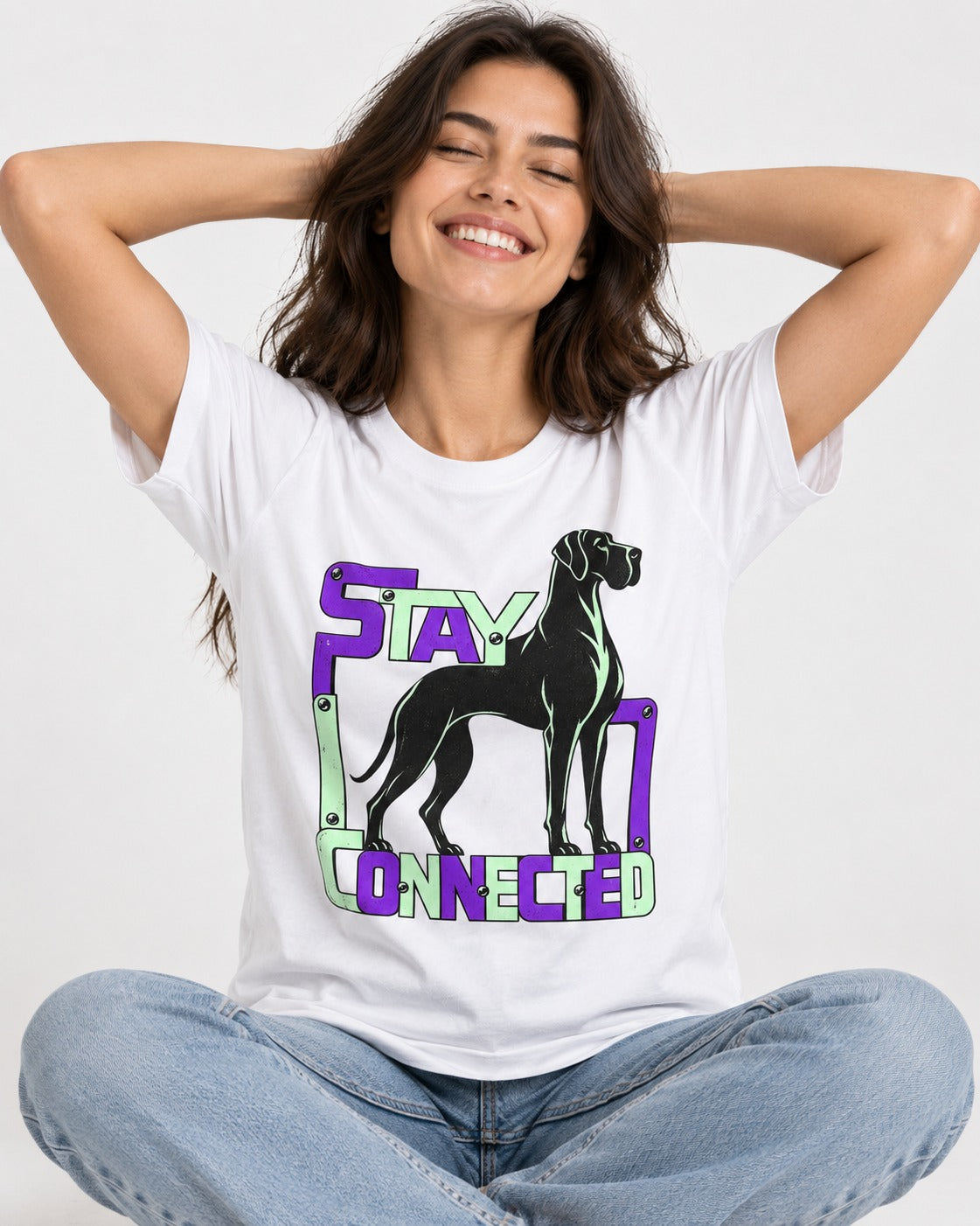 Great Dane Stay Connected Modular Frame Graphic T-Shirt in White, worn by a seated model
