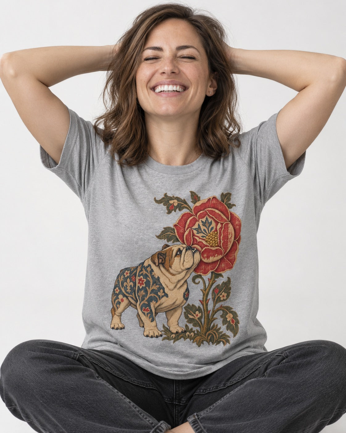 English Bulldog Tender Devotion T-Shirt in Sport Grey, worn by a seated model
